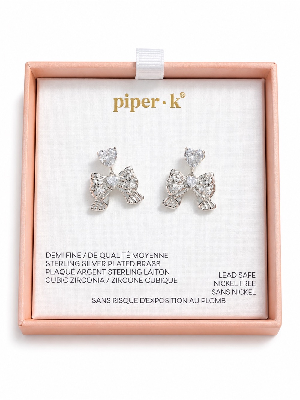 Piper Bow CZ Drop Stud Earrings - Silver